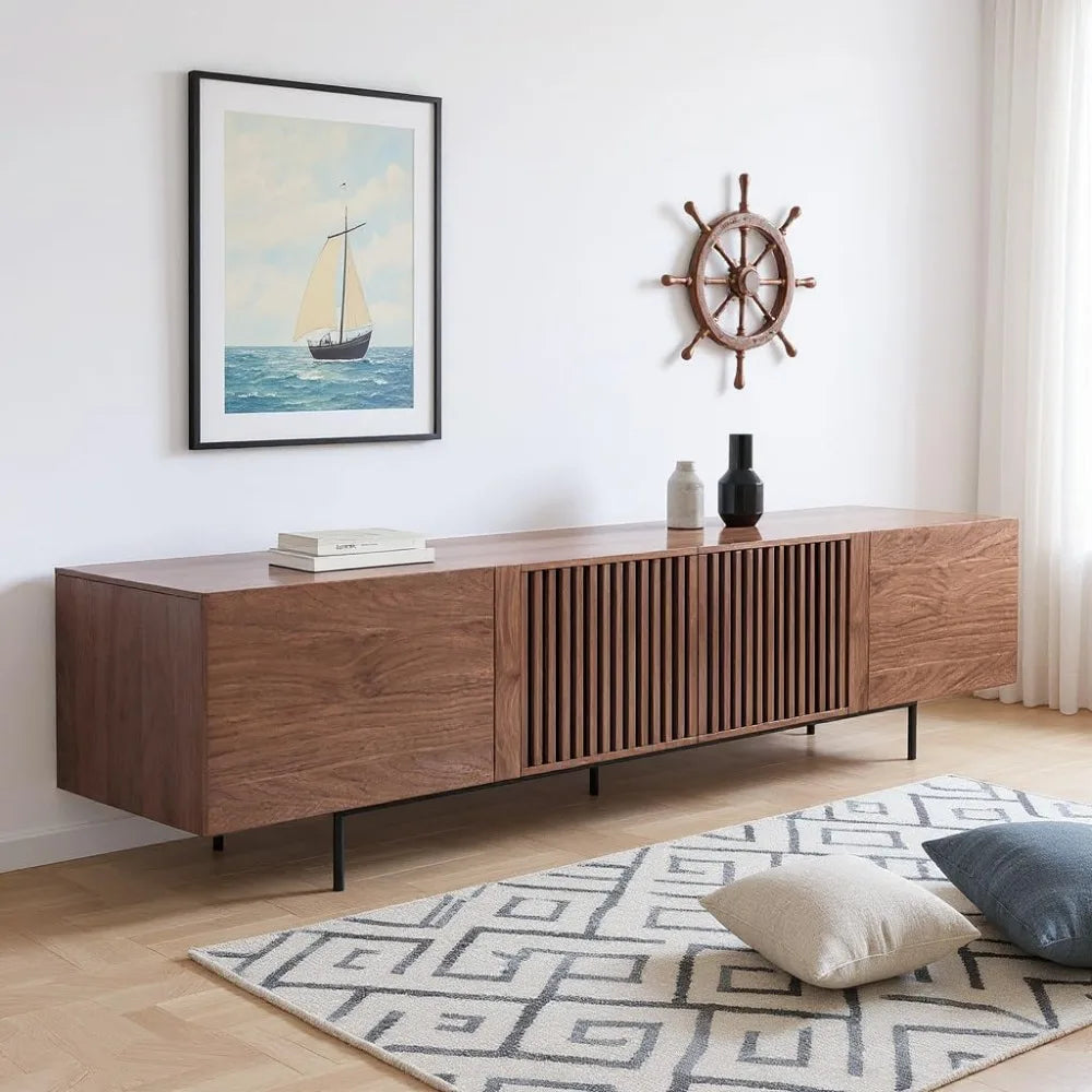 Mid Century Modern TV Stand for 70-90 Inch TVs, 4 Cabinet Storage Console.