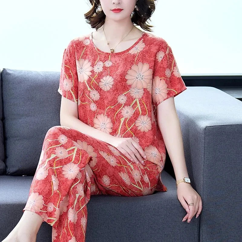 Cotton Silk Suit Summer Women's Sets New Casual Solid Color Short Sleeve Ankle-Length Pants 2 Piece Set Middle Age Mother Outfit