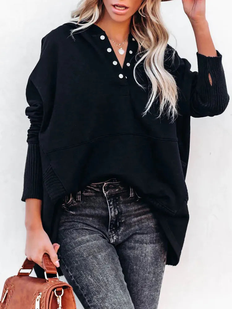 Women's Patchwork Pullover Tops Pockets Button V Neck Solid Hoodies Long Sleeve emale Casual Sweatshirts Fashion Ladies Clothes