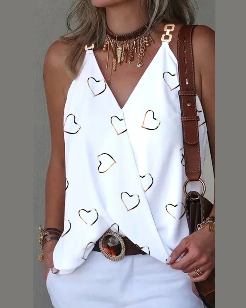 Women's Summer Simple V-neck Metal Buckle Printed Tank Top 2023 Sexy Women's Casual Sleeveless Loose Strap T-shirt