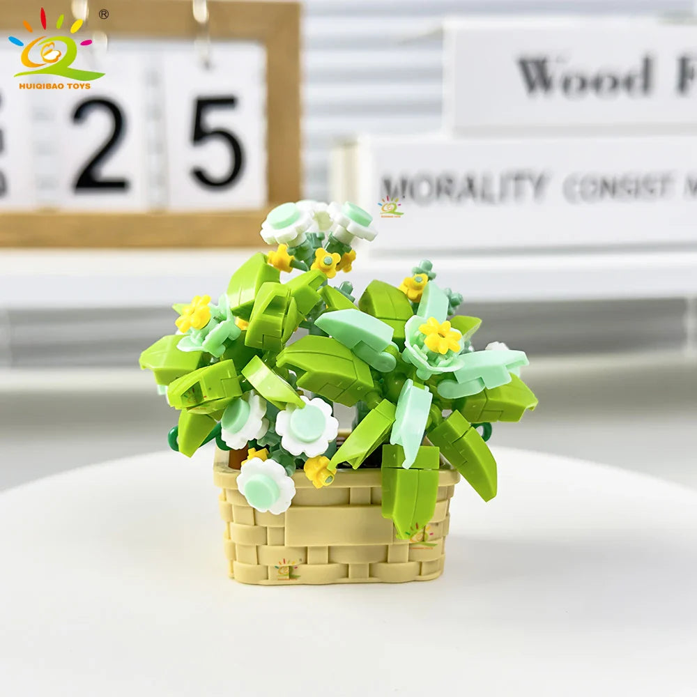 HUIQIBAO Eternal Flower Model Bouquet Potted Plant Micro Building Blocks MOC DIY Home Desk Decoration Brick Toy For Children