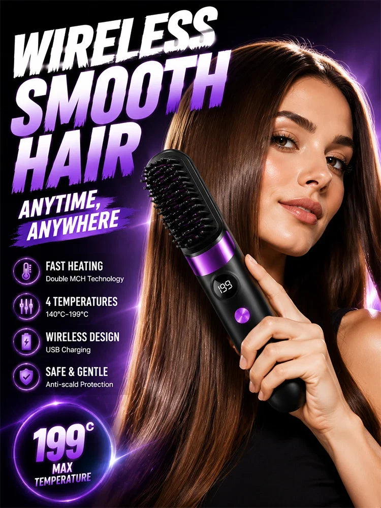 Electric Hair Straightener Brush Rechargeable Ceramic Styling Comb with Temperature Display for Women Daily Care
