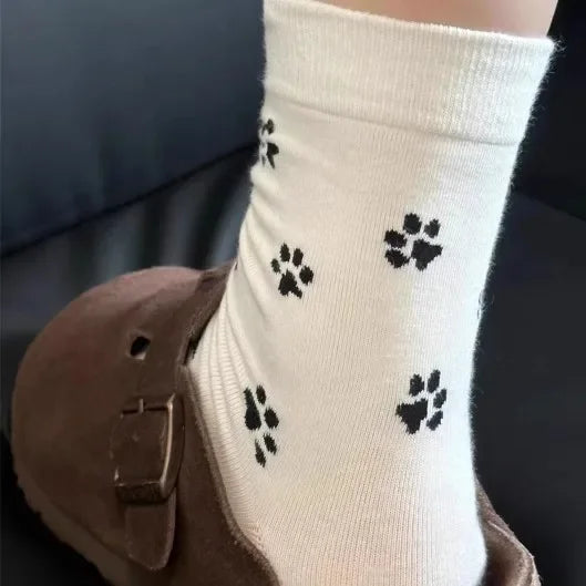3pairs Cute Dog Claw Printed Women's Cartoon Dog Paw Sock Animal Pattern Soft Sweat Absorbing Breathable Casual Socks for Girls