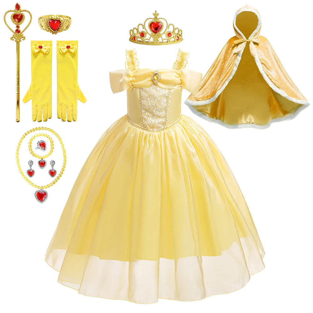 Halloween Girls Princess Belle Dress Up Evening Party Yellow Shoulderless Elegant Long Dresses Beauty Beast Fairy Costume Wig