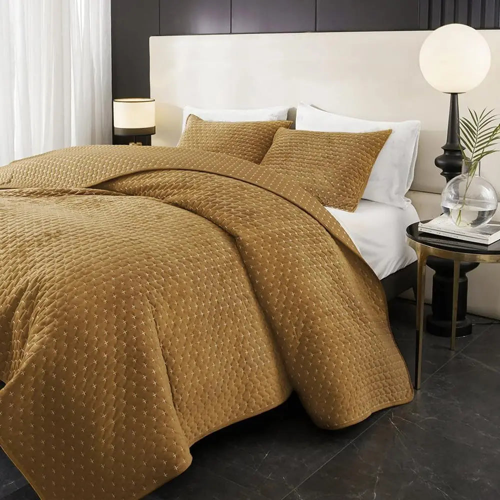 Luxurious King Size Velvet Quilted Coverlet Set with Pillow Shams in Brown, 96x106 Striped Comforter.