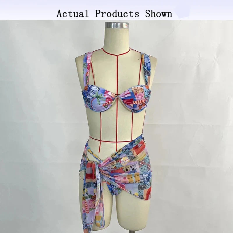 BEACHCICI Women's Bikini Three Piece Stylish Sexy Printed Tie up Pleated Suspender High Waist Thong Beach Vacation Swimsuit