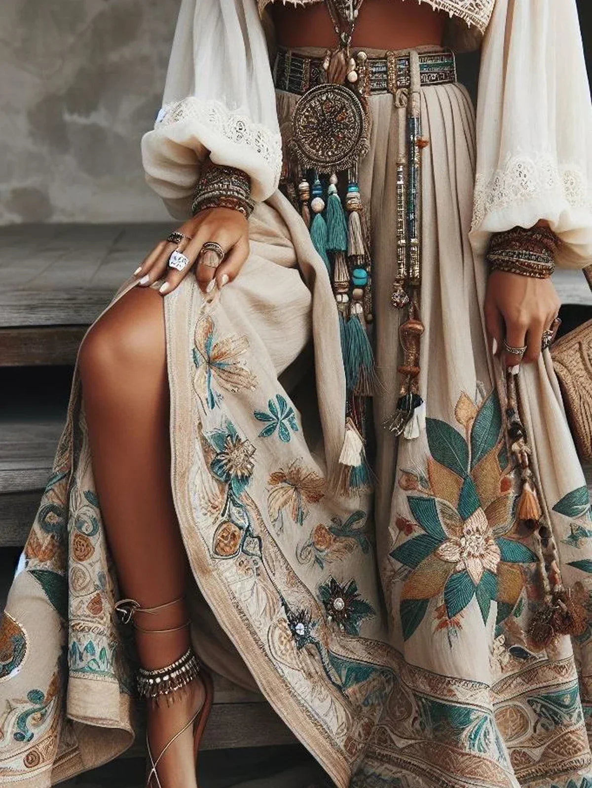 Vintage Bohemian Women's Skirt Casual Harajuku Fashion Ethnic Floral Print Cascading Hem High Waist Pleated Maxi Skirts
