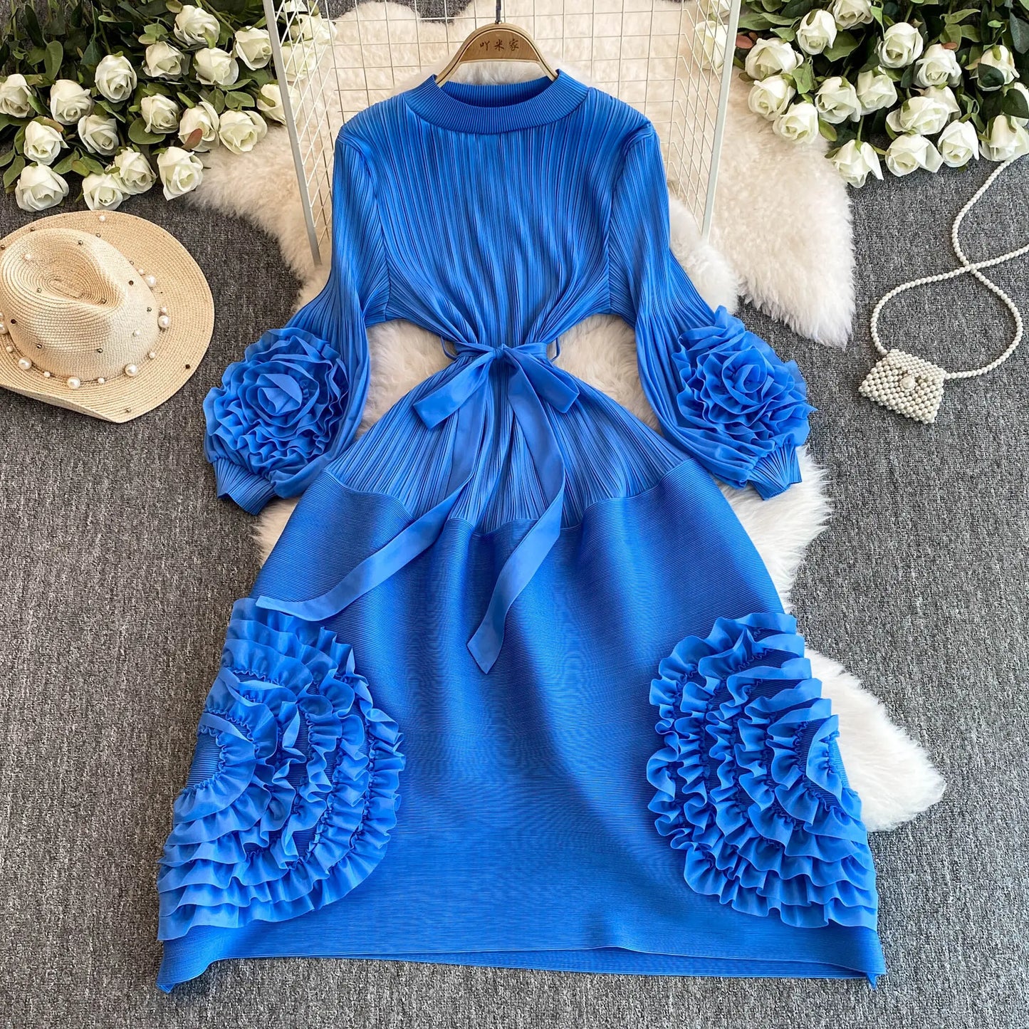 XFPV Women's Pleated Lace Elegant Temperament Lace Up Puff Sleeves High Waisted Dress Vestidos Y2k Fashion Spring Autumn 2024