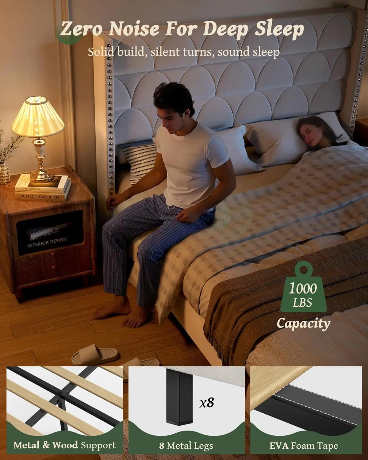 King Size Bed Frame with 56" Headboard - 1000LBS Capacity Support, Velvet Upholstered Wingback Platform Bed Frame.