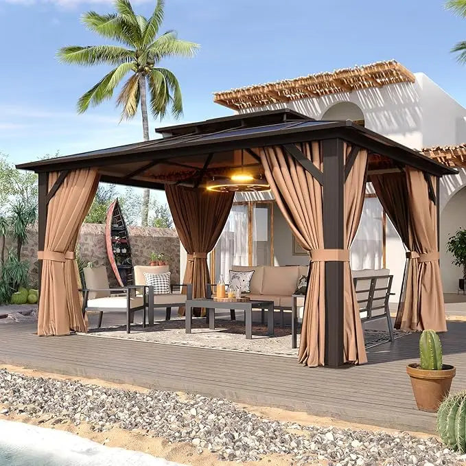 10'x12' Hardtop Gazebo, Aluminum Frame Permanent Pavilion with Curtains, Outdoor Polycarbonate Gazebo, Double Roof Canopy