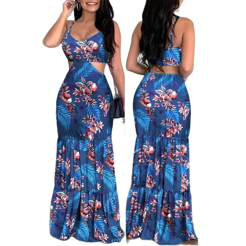 Women's Summer New Elegant Print Fashion Floral Sexy Backless Boho Maxi Ruffle Hollow Out Long Slim Beach Suspender Sheath Dress