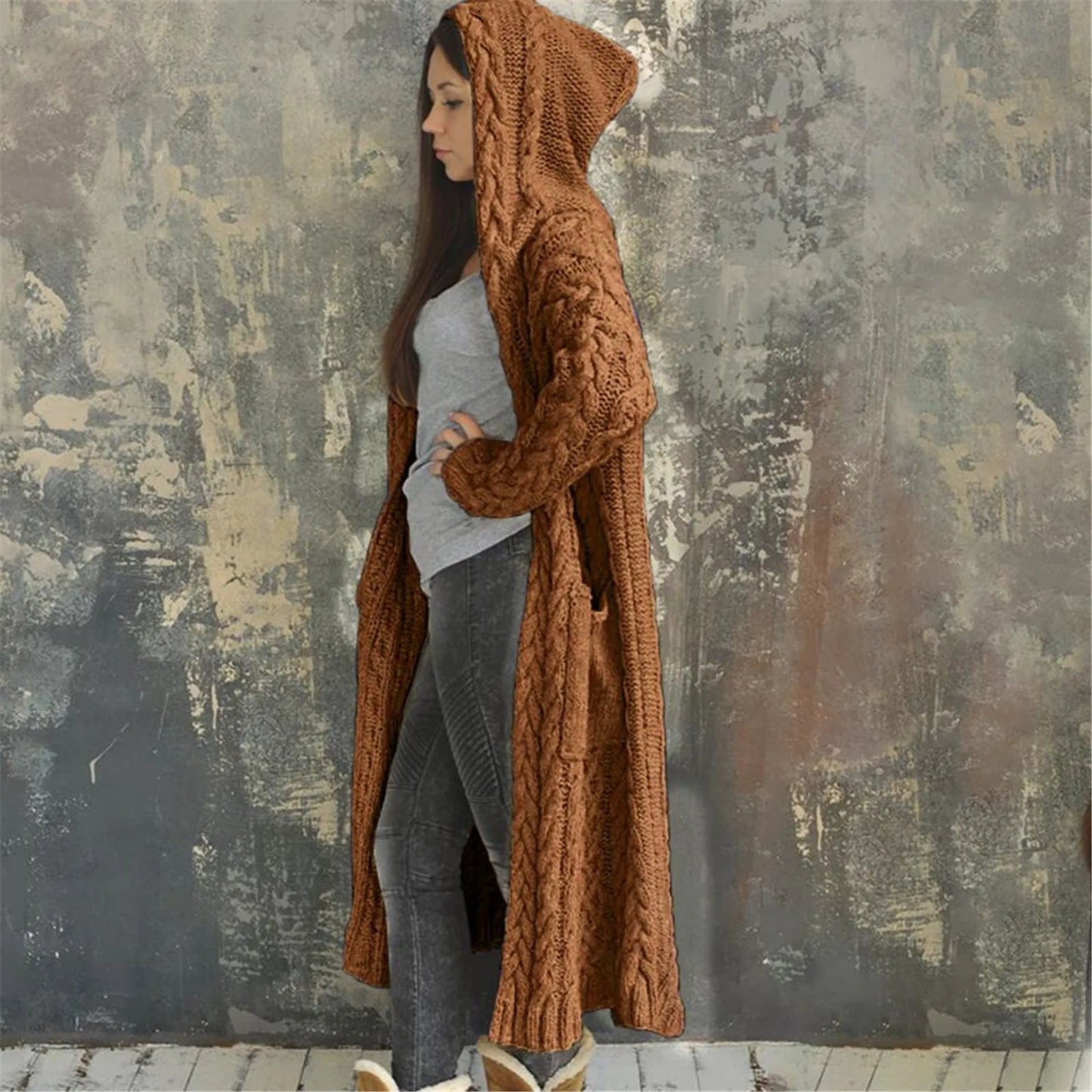 Long Sleeve Loose Cardigan Coat Solid Solid Sweater Winter Long Knitted Pocket Loose Women Cardigan Hooded Limited Sweater Women