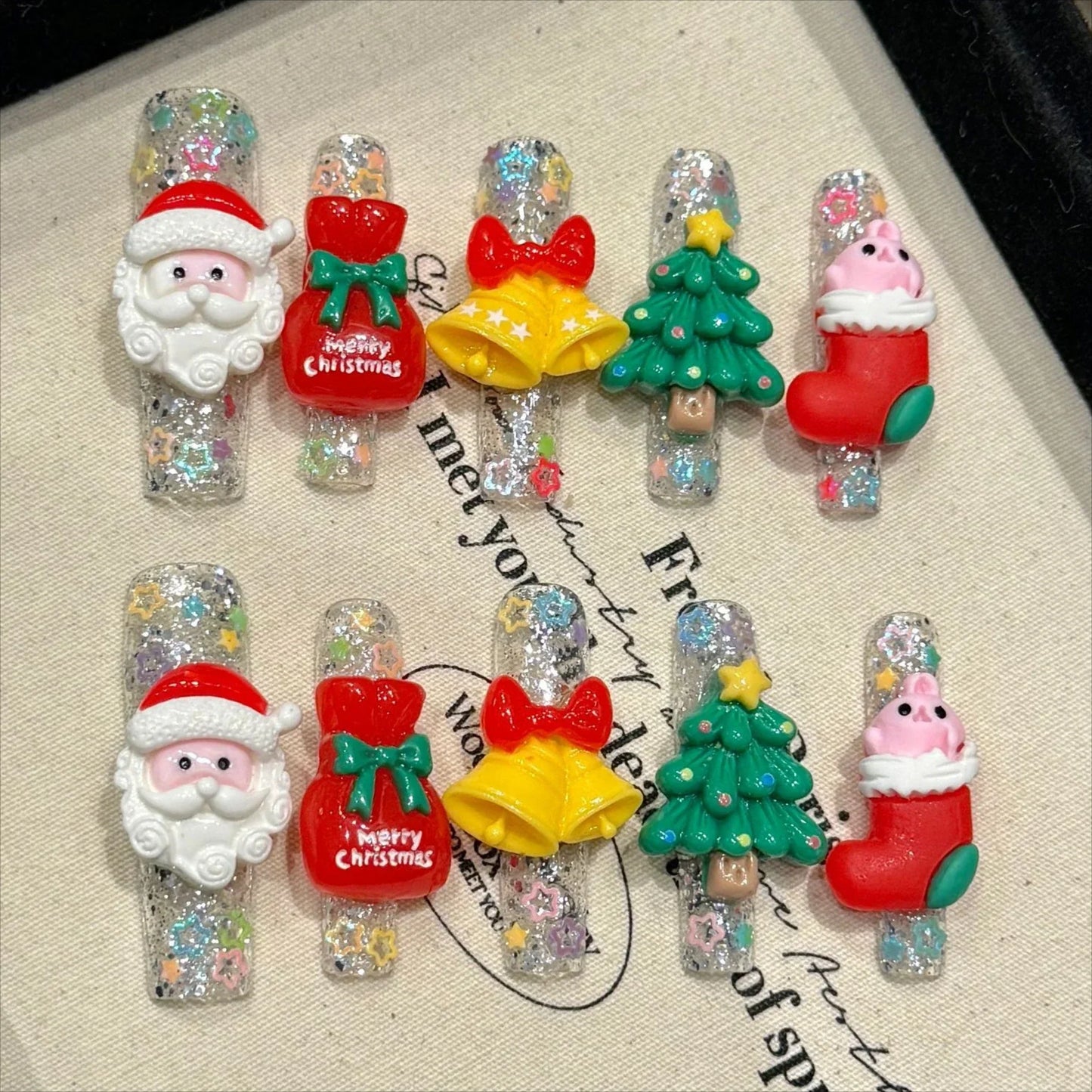 10Pcs Christmas Handmade Press on Nails Full Cover Snowflake Stiletto French Almond Water Pipe Ballet Bow Tie Wearable Fake Nail