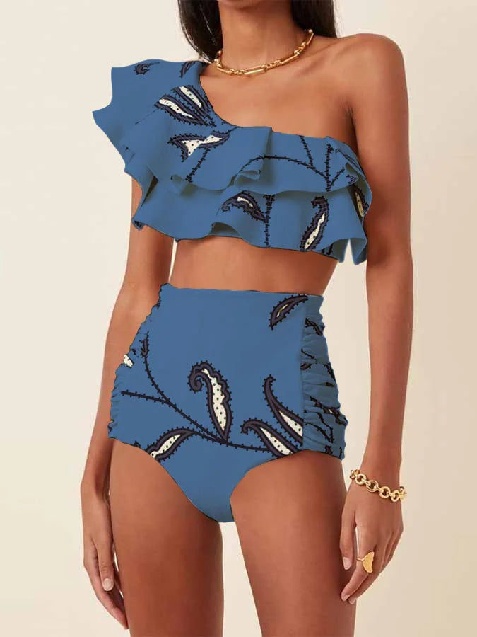 Women's Printed Ruffle Swimsuit Fashion One Shoulder Slash Breasted Bikini Two Piece High Waisted Tummy Tuck Beachwear 2024 New