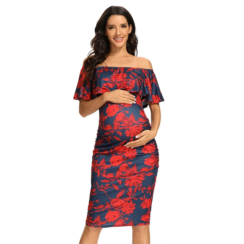 Liu&Qu Women's Maternity Dress Off Shoulder Ruffle Sleeveless Bodycon Dress Elegant Ruched Sides Bodycon Dresses for Baby Shower