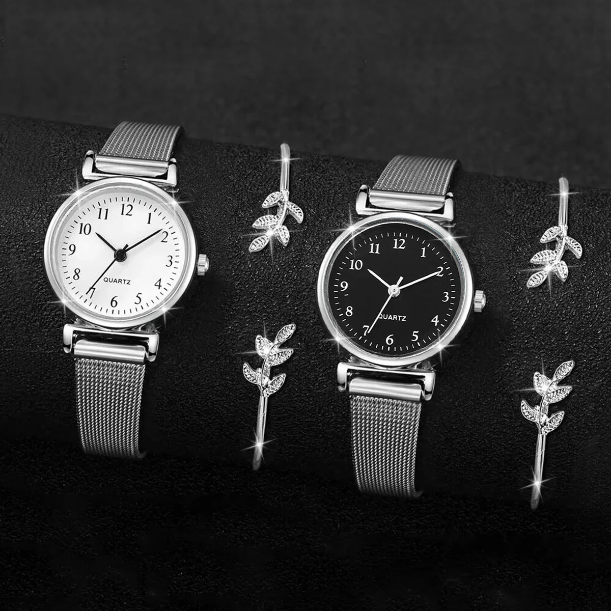 4PCS/Set Women's Watches Fashion Small Quartz Watch Casual Silver Band Wristwatches Bracelets（Without Box）