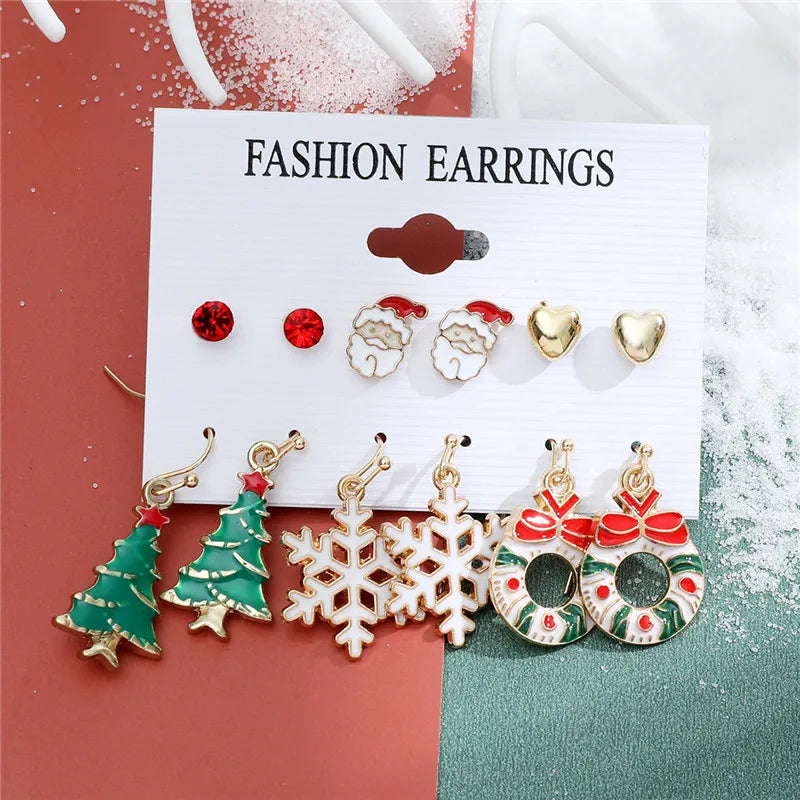 6 pairs Christmas Stud Earrings Xmas Tree Brown Elk Snowman Santa Claus Cute Christmas Earrings Christmas Gifts For Women Girls