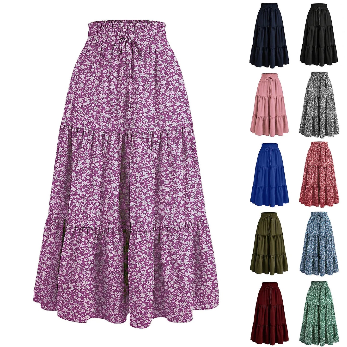 Women'S Boho Vintage Floral Print Maxi Skirt Elastic High Waist Pleated Flowy A Line Long Skirts Toddler Fall 2024 Falda Short