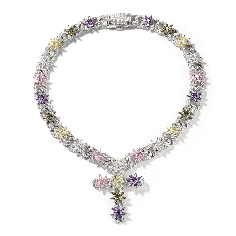 Colorful Flower Cuban Cross Chain