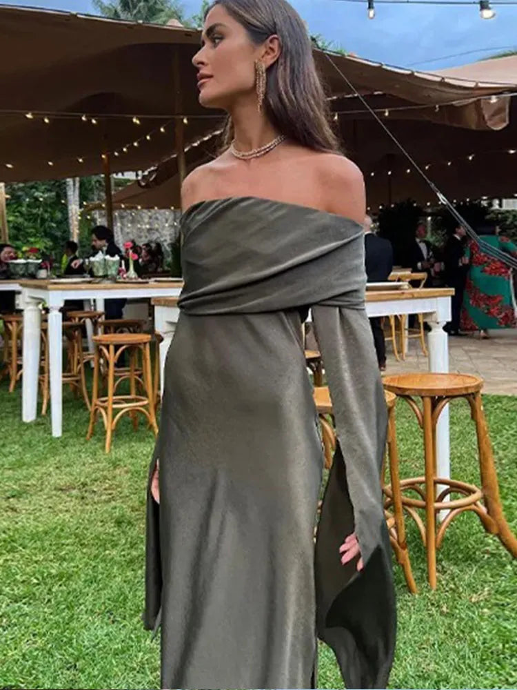 Elegant Pleats Dress For Women Fashion O-neck Long Sleeve Dresses Female 2024 Sping Summer Rose Red Maxi Ladies Vestidos