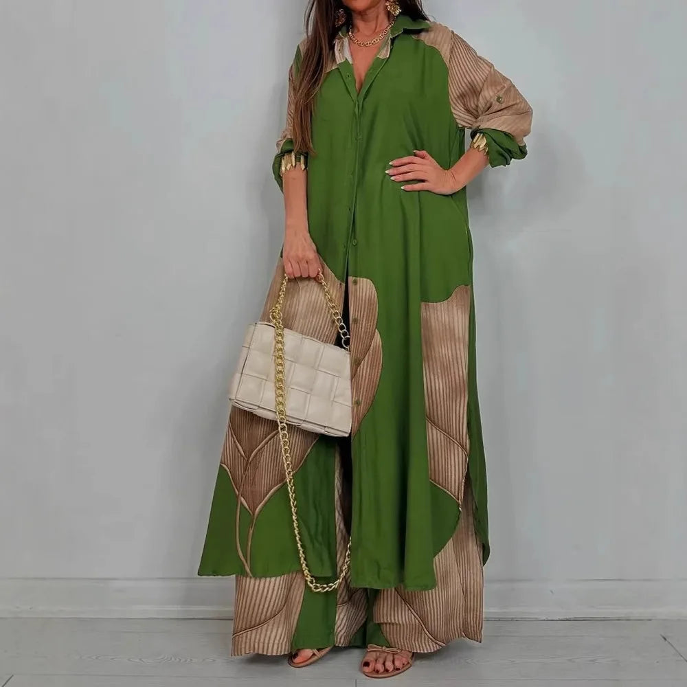 Elegant Lady Set Printed Long Shirt Top Wide Leg Pants 2-piece Outfit Casual Loose Oversized Women Sets Casual Two-piece Outfit