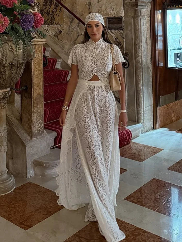Solid Lace Two Piece Set Round Neck Short Sleeve Cutout Crop Top High Waist Wide Leg Pants 2026 Summer Elegant Party Outfits