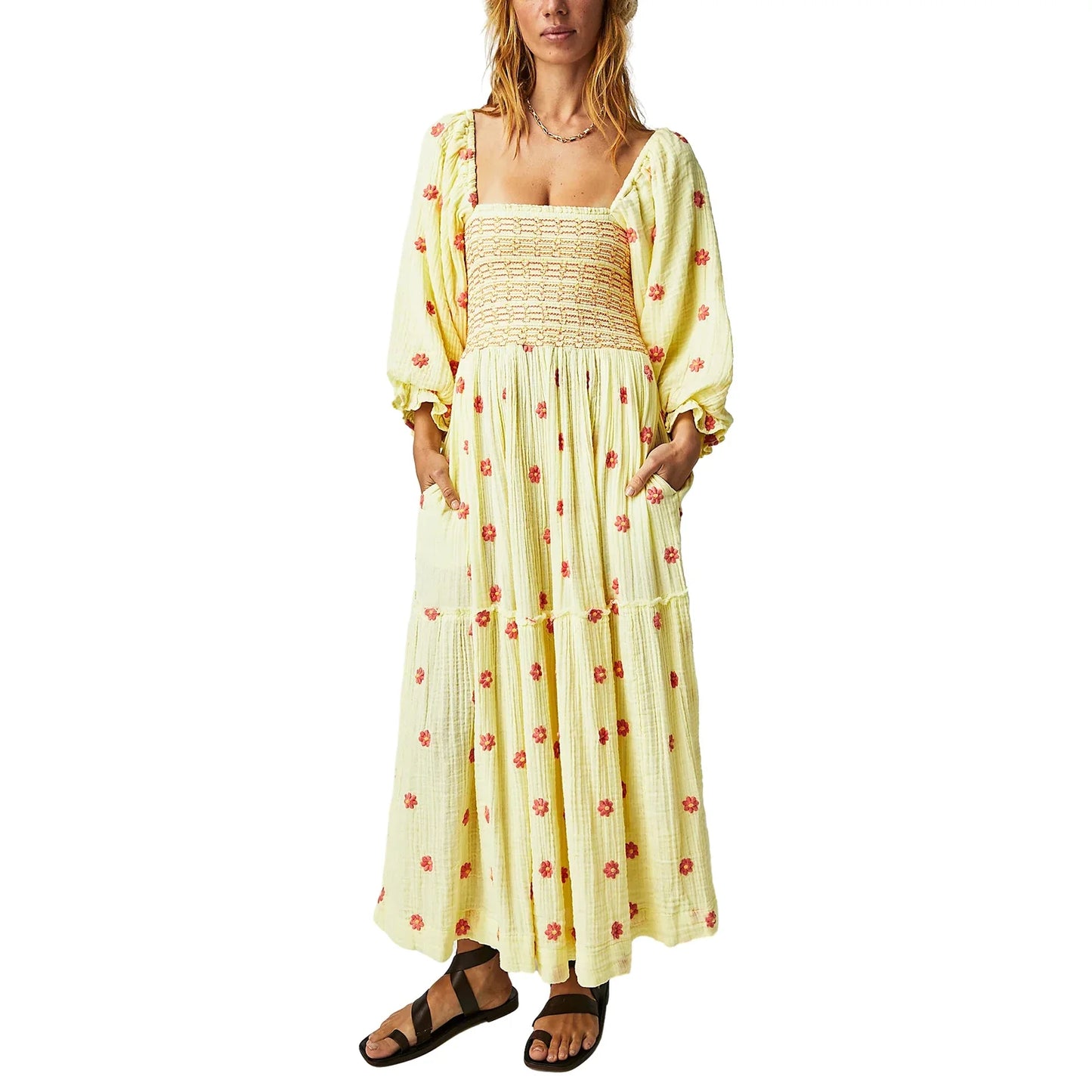 Casual Ladies Floral Print 3/4 Sleeve Loose Dress Summer Square Neck Long Dress Bohemian Women's A-Line Sundress 2023 Streetwear