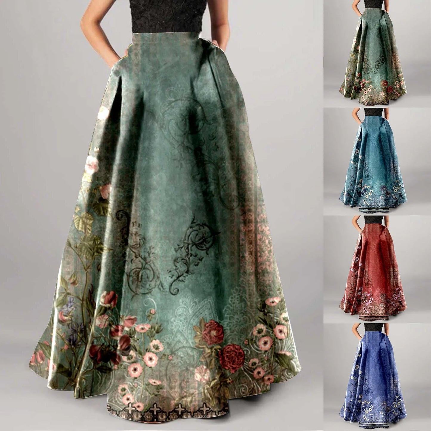 High Waist Pocket Skirts For Women Fashion Bohemian Floral Print Maxi Skirt Party Beach Long Skirt Elegant Vintage Clothing