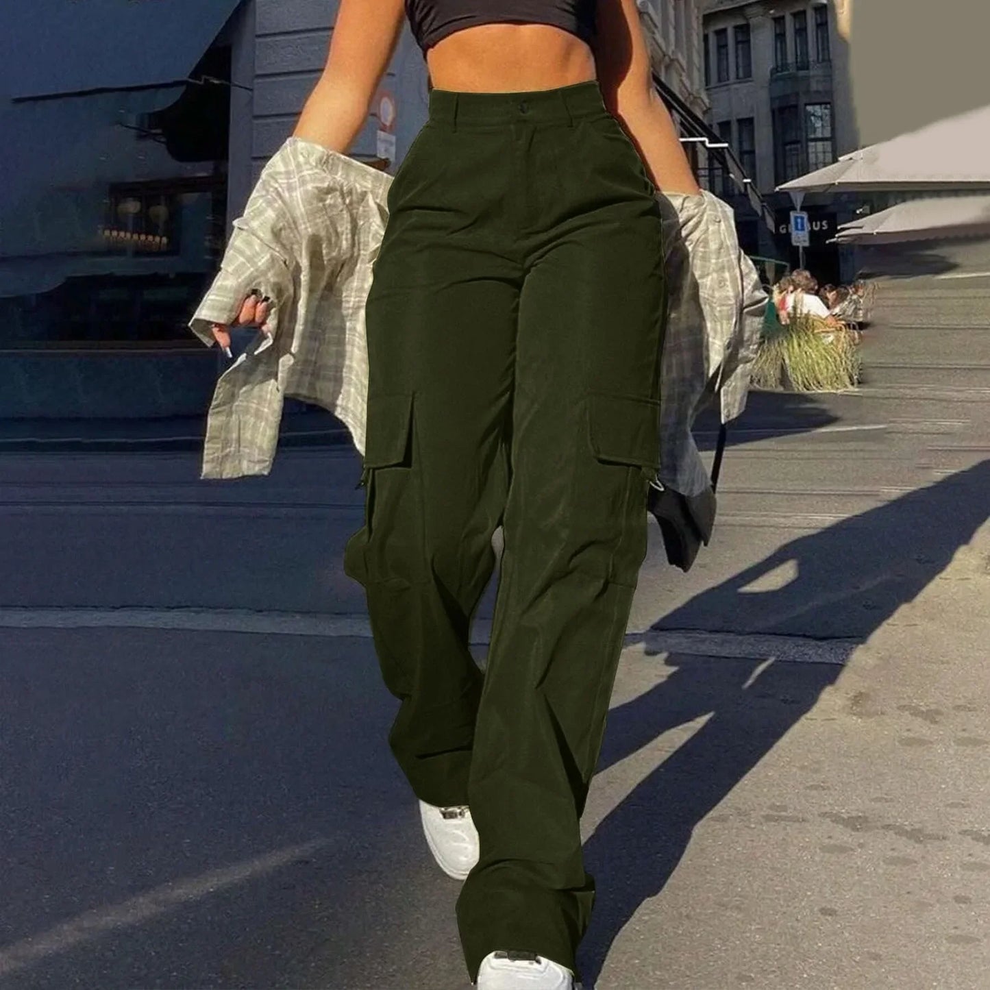 Ladies' Street Fashion Multi Pocket Cargo Pants Summer Solid Color Straight Leg Pants High Waist Slimming Loose Fit Cargo Pants