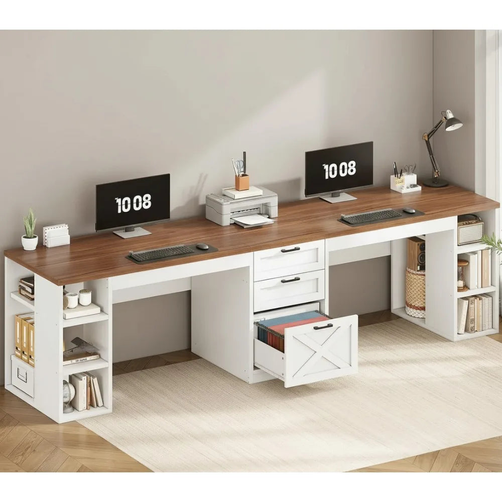 96.5" Farmhouse Computer Desk with Drawers, 2 Person Home Office Double Desk with Storage.