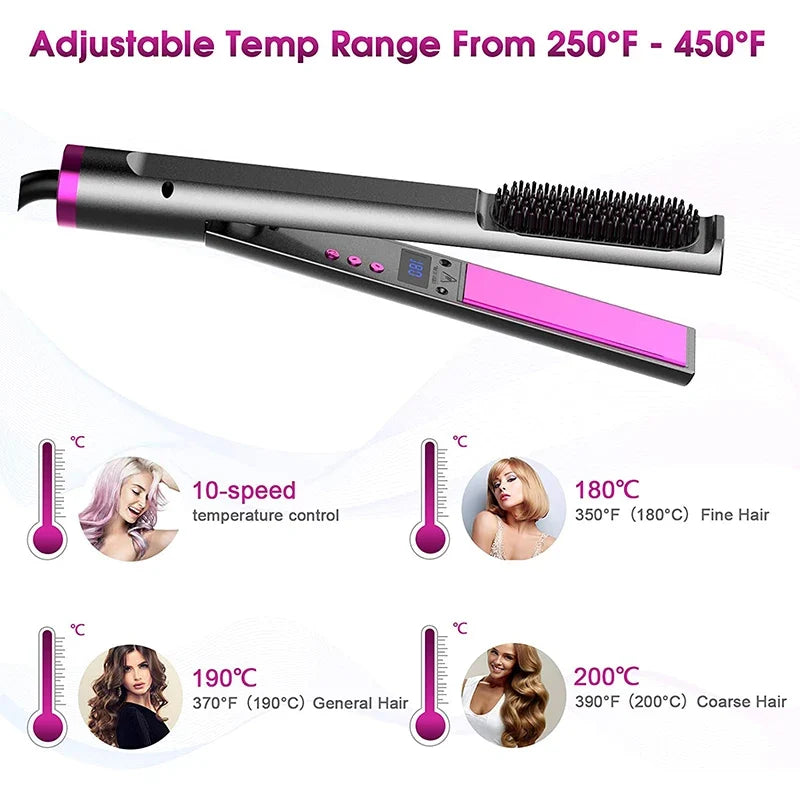 2 in 1 Hair Straightener Multifunctional Curling & Straightening Brush Ceramic Hot Comb Generator Helps Reduce Frizz Salon Tools
