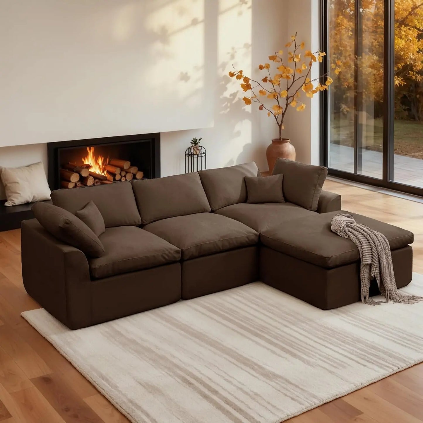 110" Modular Sectional Sofa with Ottoman, Deep Seat Fluffy Chenille L-Shape Couch for Living Room, Beige, Customized