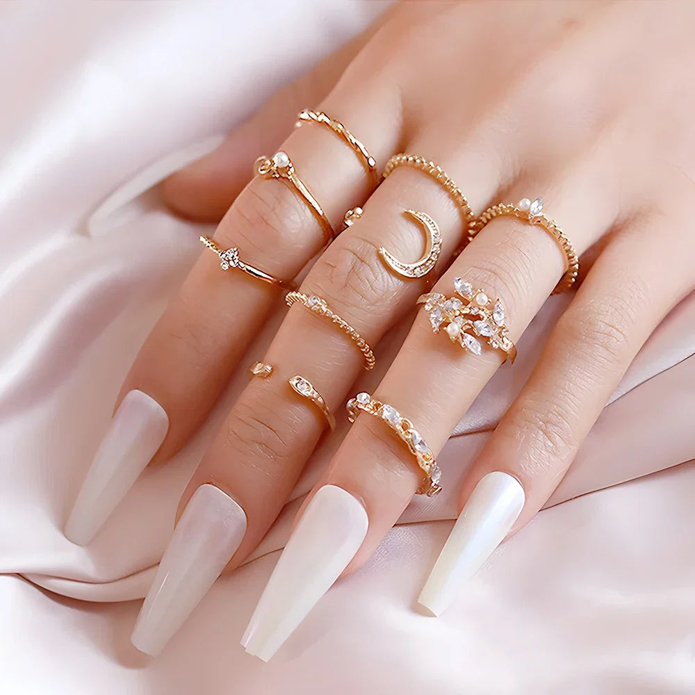 10pcs Rings Suit for Women Gold-Color Chain Ring Set Bohemian Style