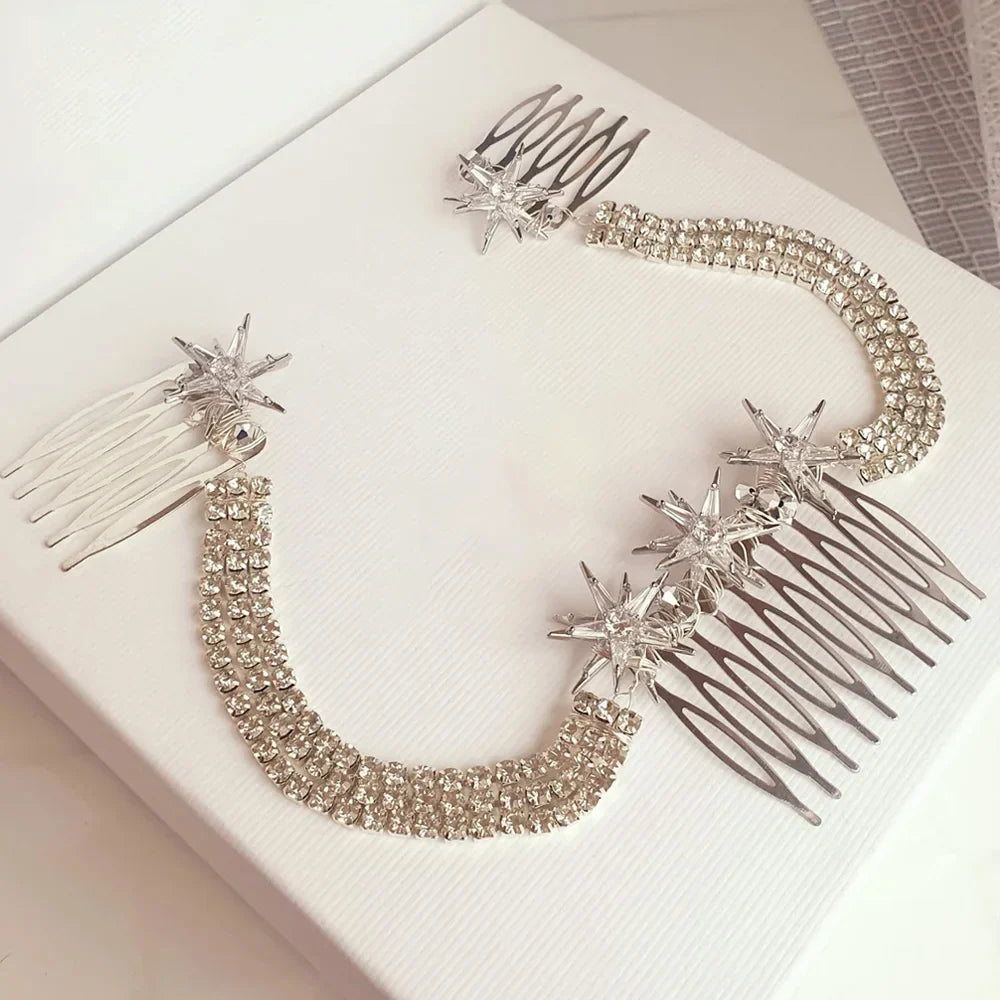 Stonefans Luxury Star Hair Comb Rhineestone Chain Jewelry for Women Vintage Bridal Tiara Multilayer Hair Chain Wedding Headpiece