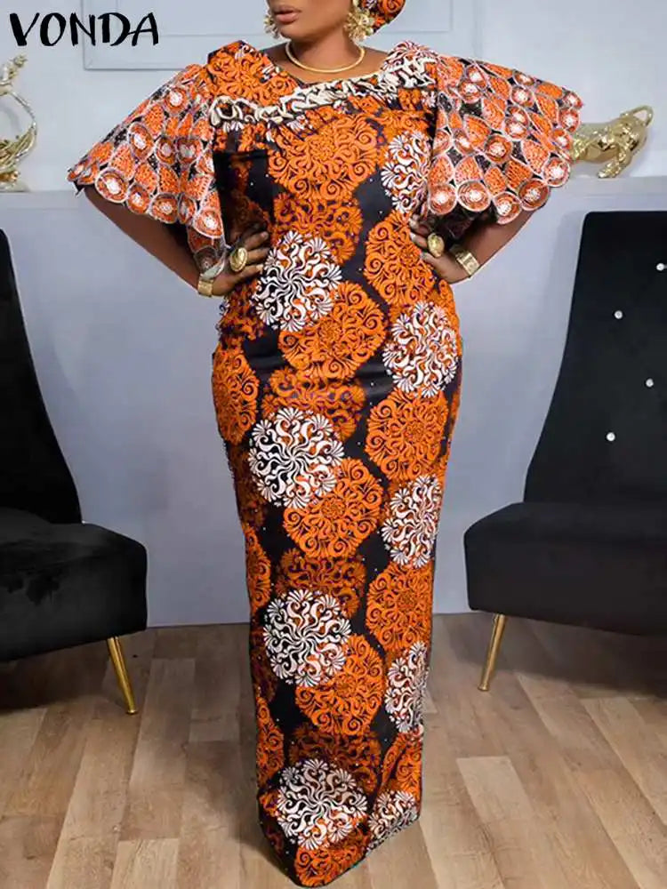 VONDA Summer Printed Maxi Dress Women Bohemian Dresses Short Sleeve Long Sundress 2024 Elegant Casual Loose Beach Vestidos Robe