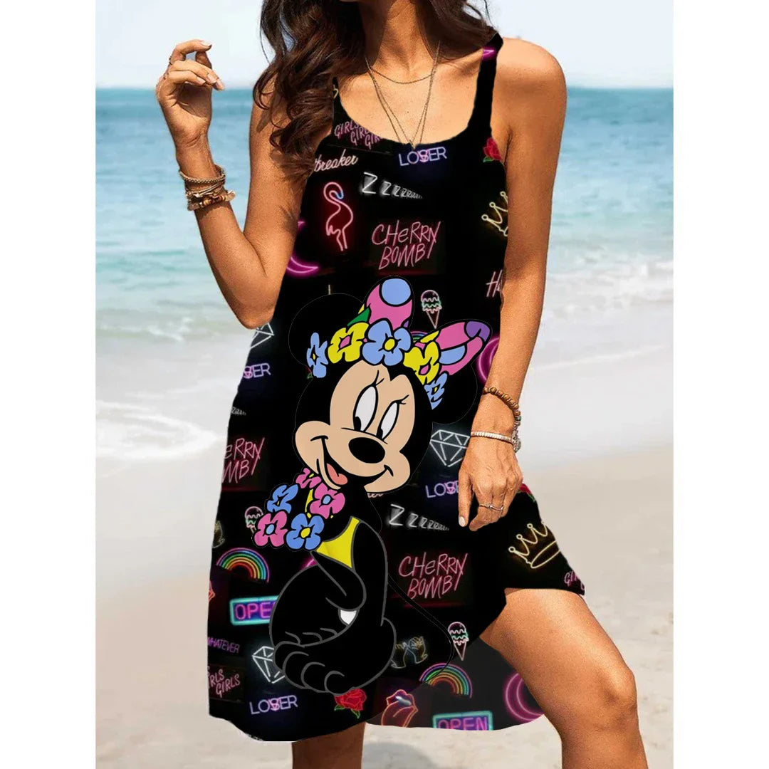 Women's Beach Dresses Disney-Mickey Minnie Dresses for Women 2024 Summer Fashion Sling Print Sexy Skinny Seaside Casual Oversize