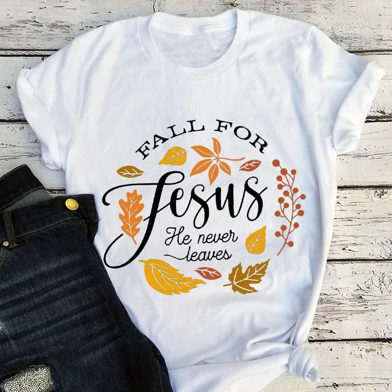 Fall for Jesus He Never Leaves Shirt Fall Clothing Women Thanksgiving Family Matching Shirt Jesus Tops Thanksgiving Dinner L