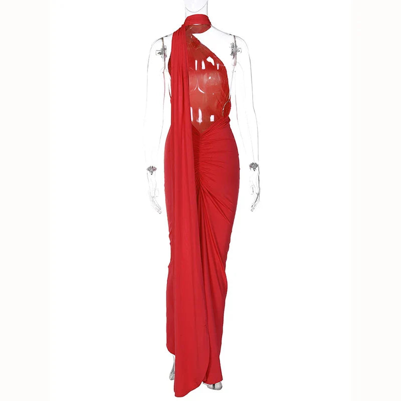 Hugcitar One Shoulder Backless Adjustable Scarf Loop Ruched Sexy Maxi Dress 2025 Women Elegant Y2K Streetwear Festival Outfit