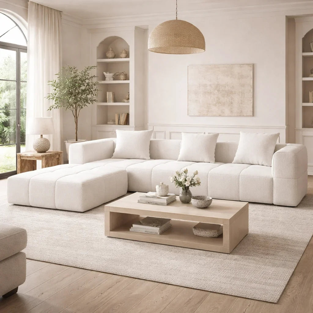 #Modern L Shape Sectional Sofa Cream White Fabric Deep Seat Cloud Modular Living Room Sofa Luxury Nordic Style Home Sofa Set