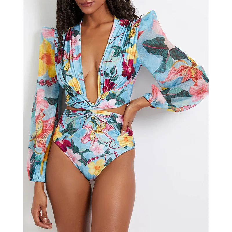 Nadanbao Sexy Bodysuit Swimsuit Women Hollow Out Two-Piece Bikini Set Female Long Sleeve Floral Print Fashion Surfing Beachwear