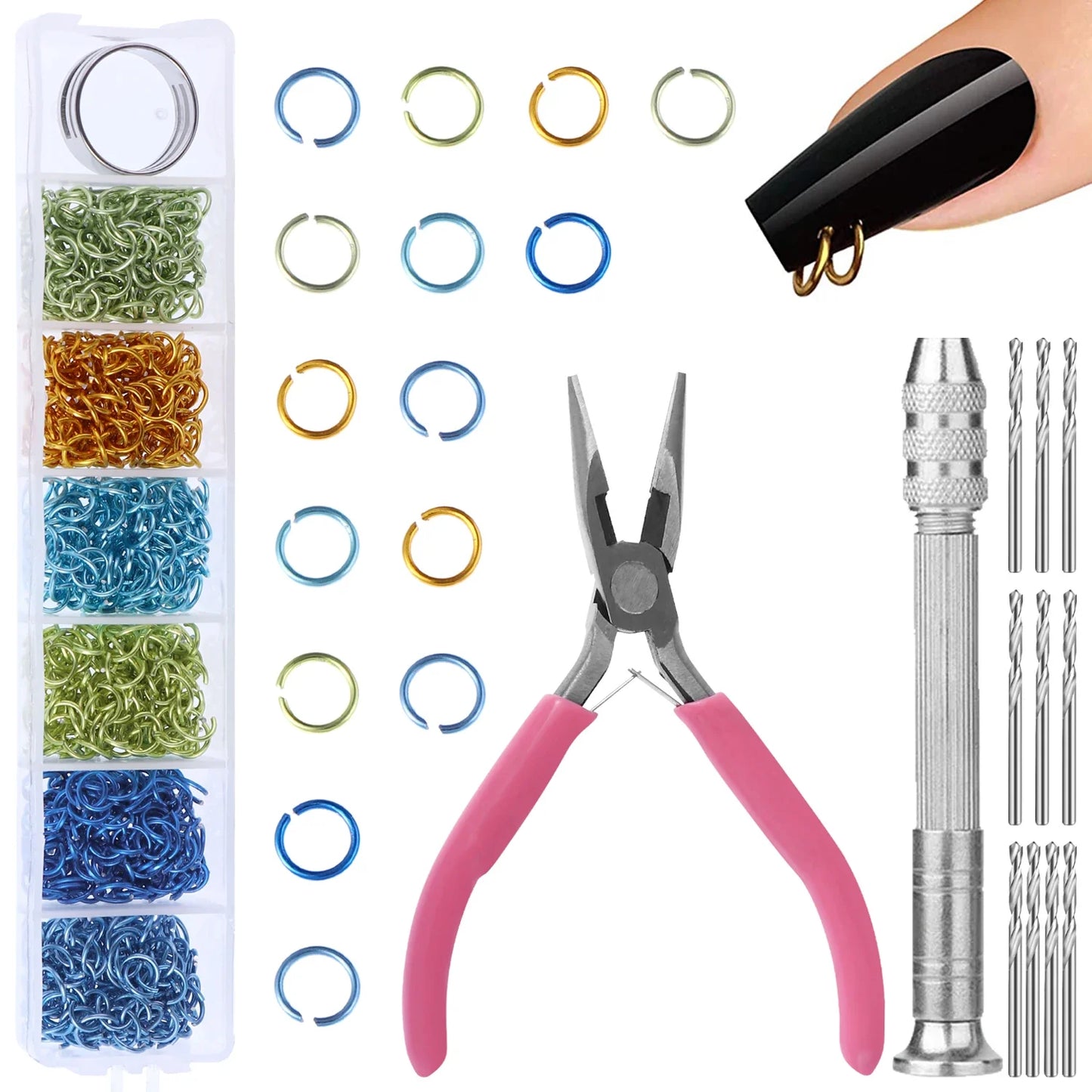 Nail Dangle Charm Piercing Tool kit about 900Pcs 6mm Jump Rings Metal Punk Design Piercing Nail Charms For DIY Nail Art Decor