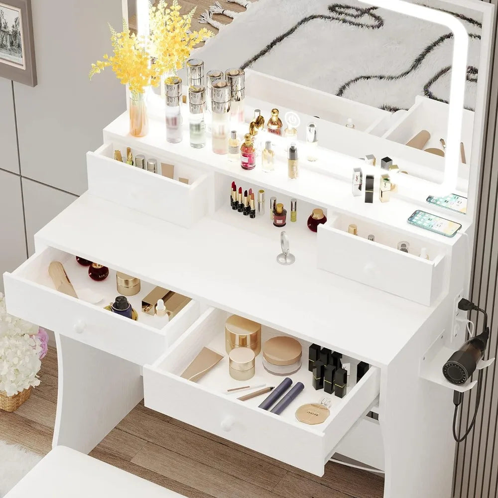 Vanity Desk with LED Lighted Mirror & Power Outlet & 4 Drawers, Home Makeup Table Set with Storage Stool