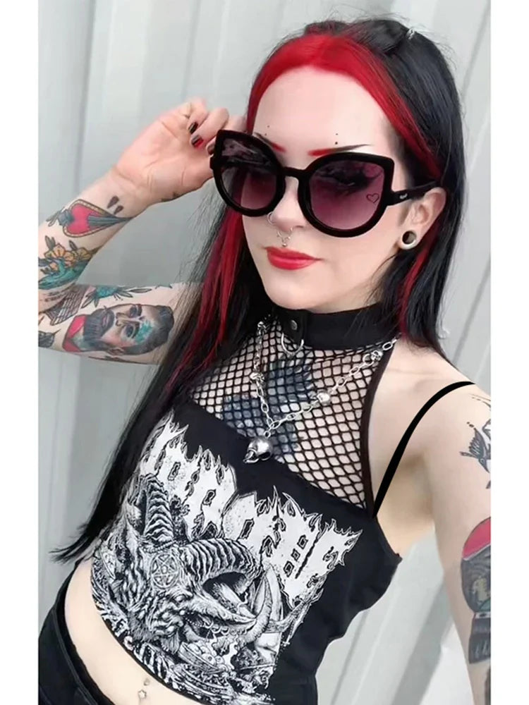 InsGoth Gothic Punk Tank Tops Mall Goth Grunge Print Harajuku Women Y2K Crop Tops Summer Vintage Black Sleeveless Streetwear