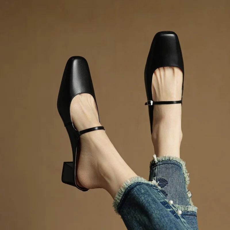 2026 New Summer Women Mules Genuine Leather Women Shoes Squared Toe med Heel Cover Toe Slingback Shallow Modern Slippers