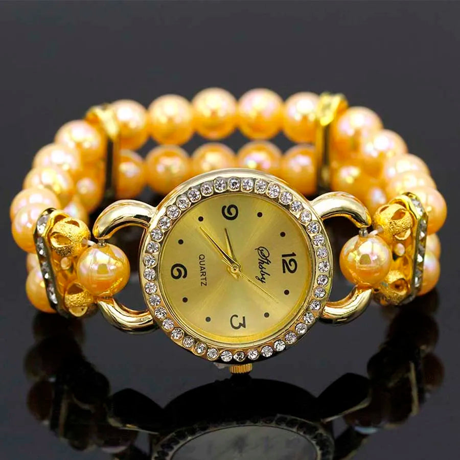 Shsby New Women's Rhinestone Quartz Analog Bracelet Wrist Watch Lady Watches With Colorful Pearls