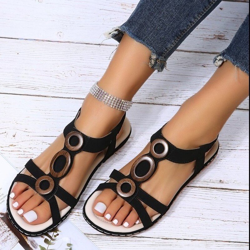 New Summer Women's Gladiator Sandals Cross-Tie Buckle Open Toe Outdoor Beach Shoes Fashion Round Toe Flat Simple Roman Sandals