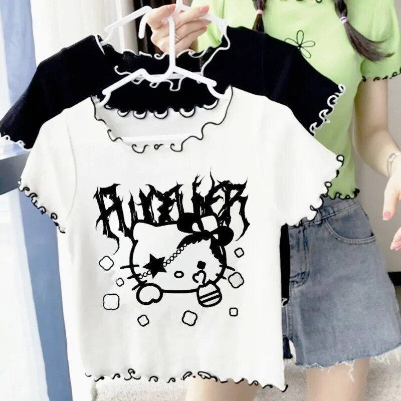 Sanrio Hello Kitty Goth Punk Trend Women Crop Tops Y2k Vintage Fashion Korean Cartoon Tees Black White Loose Girl T-shirt Tops