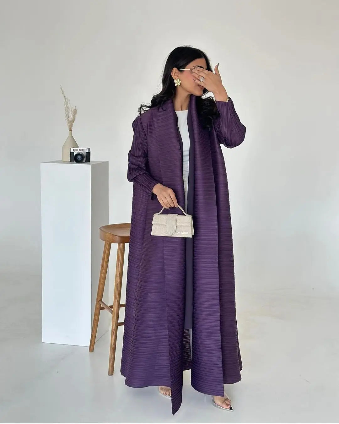 Miyake Pleated abaya with Turn-down Collar, Long Sleeve, Vintage Printed Design, Plus Size