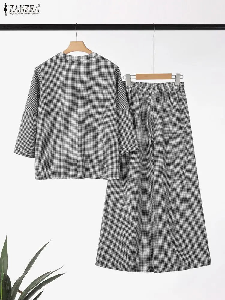 Women Pants Sets ZANZEA Fashion Summer 2 Piece Sets Plaid Outfits Casual Half Sleeve Blouse Wide Leg Trousers Street Tracksuit