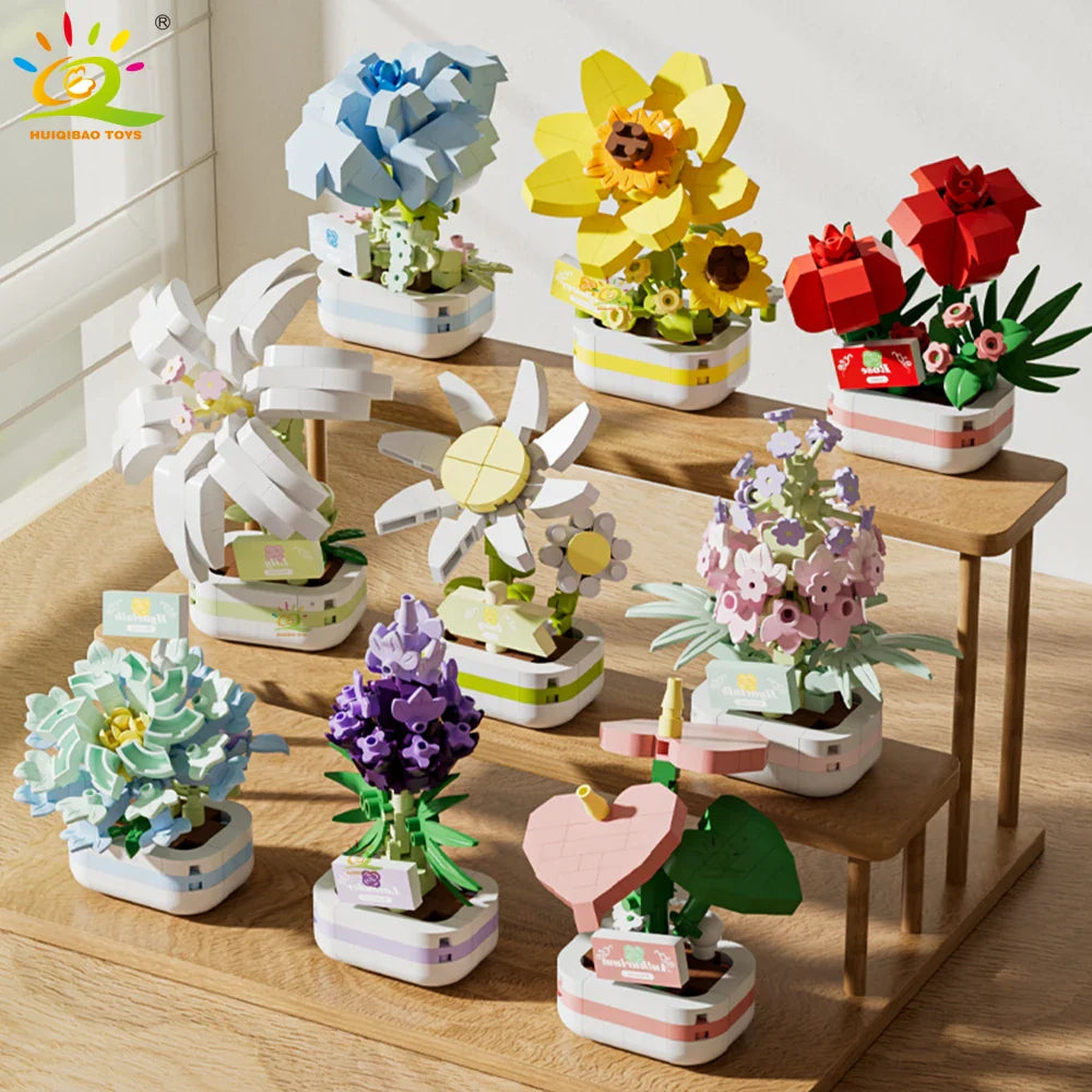 HUIQIBAO Eternal Flower Model Bouquet Potted Plant Micro Building Blocks MOC DIY Home Desk Decoration Brick Toy For Children